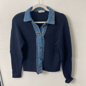 Button down navy blue and denim knit top